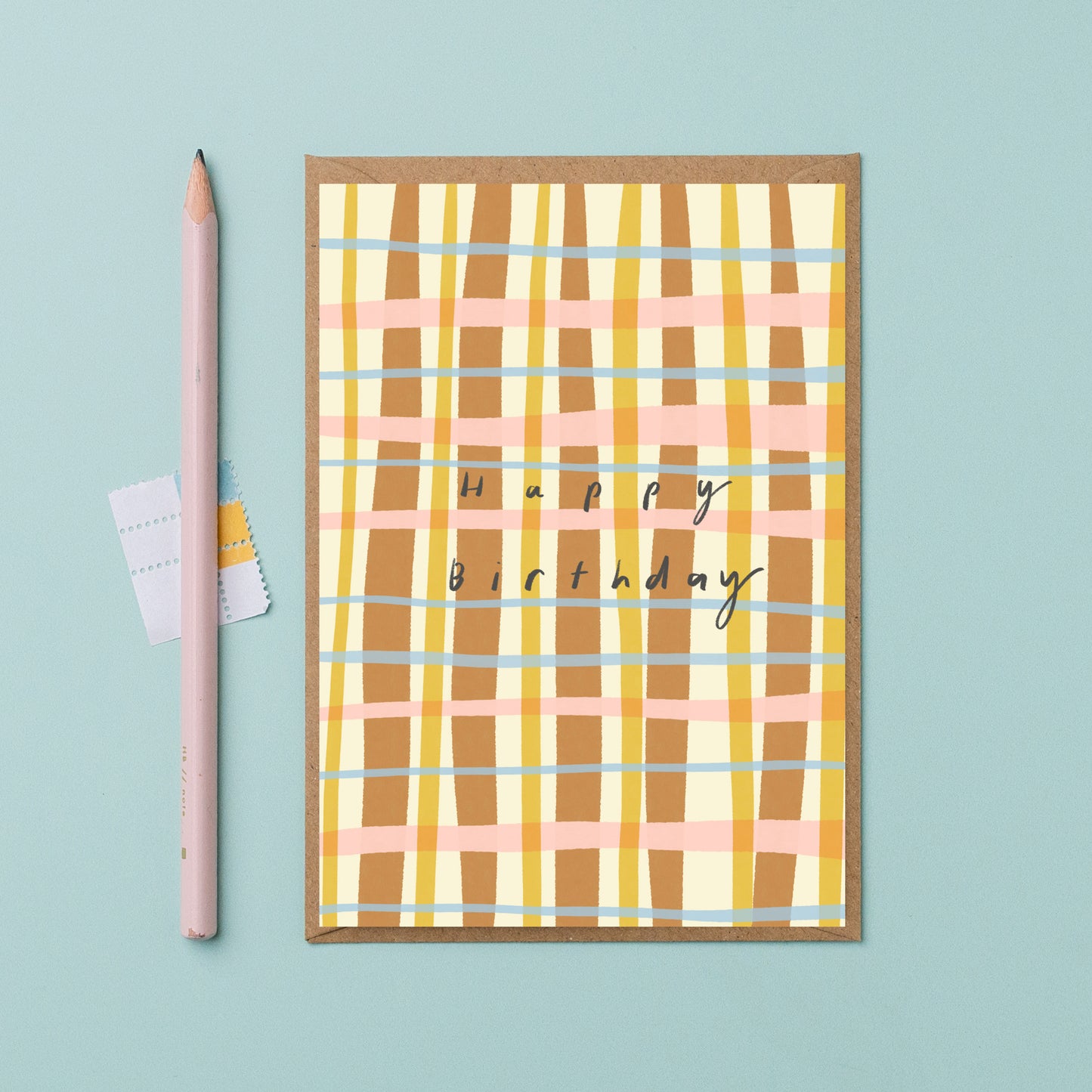Bold checked brown and pink birthday card