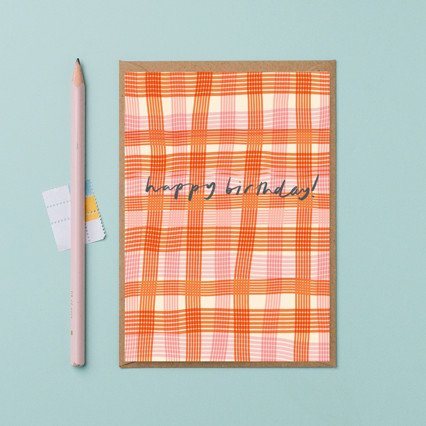 Bold pink check birthday card, friend birthday card