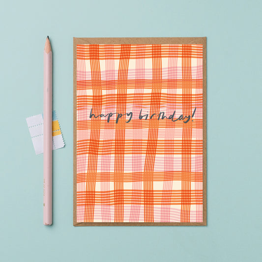 Bold pink check birthday card, friend birthday card