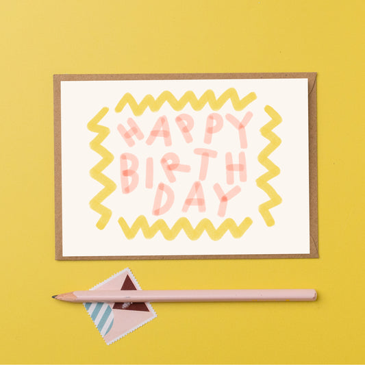 Happy Birthday pink and yellow zig zag fun birthday card