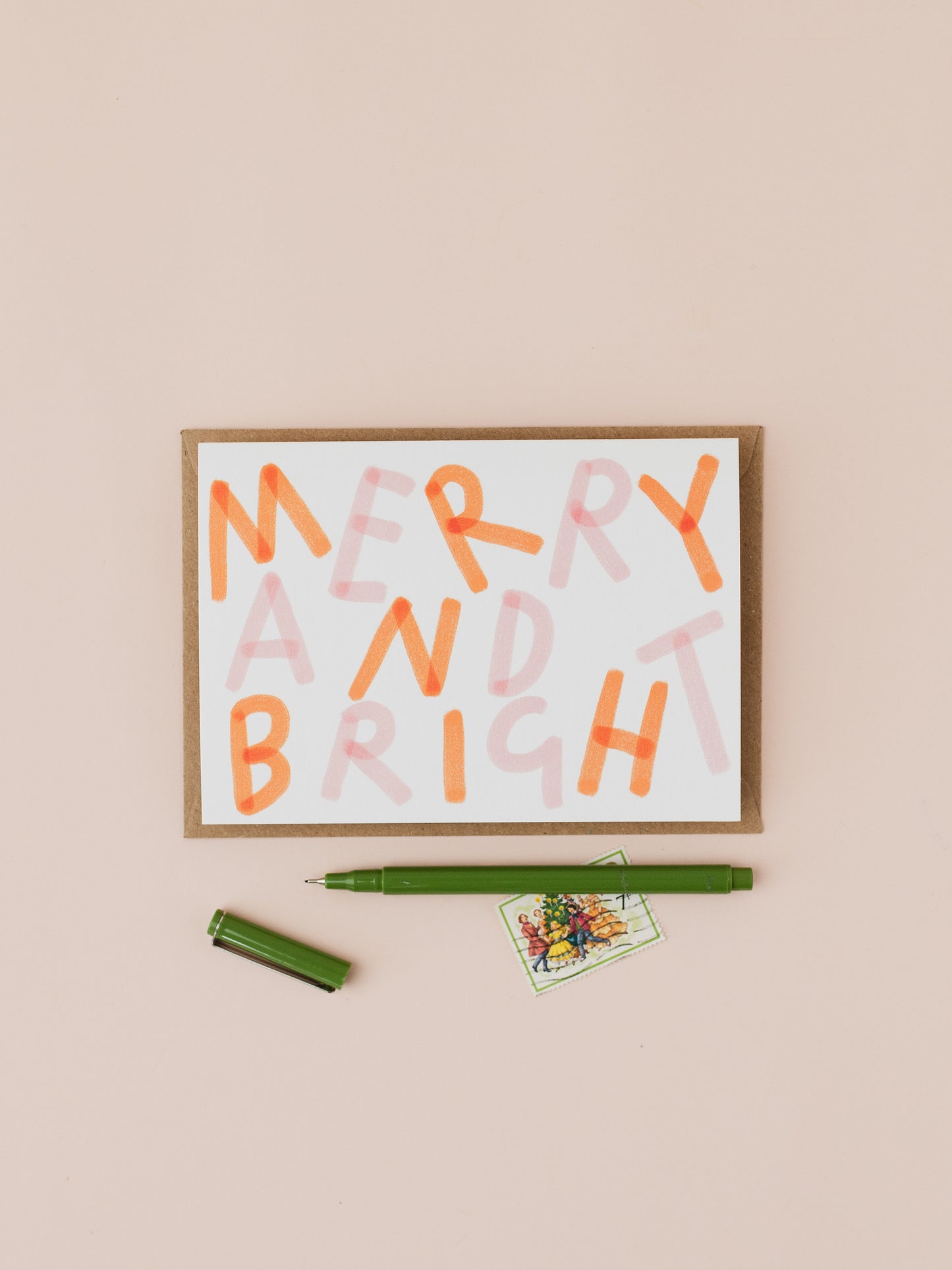 Merry and bright pink and red Christmas card