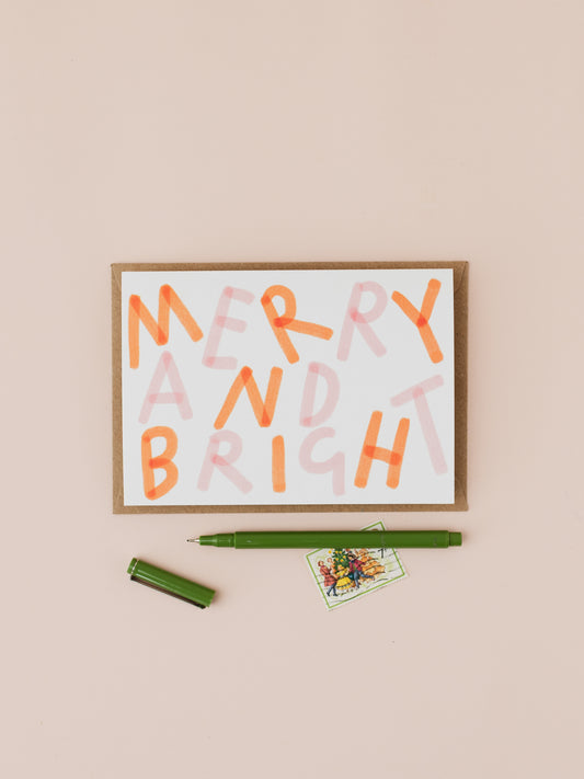 Merry and bright pink and red Christmas card