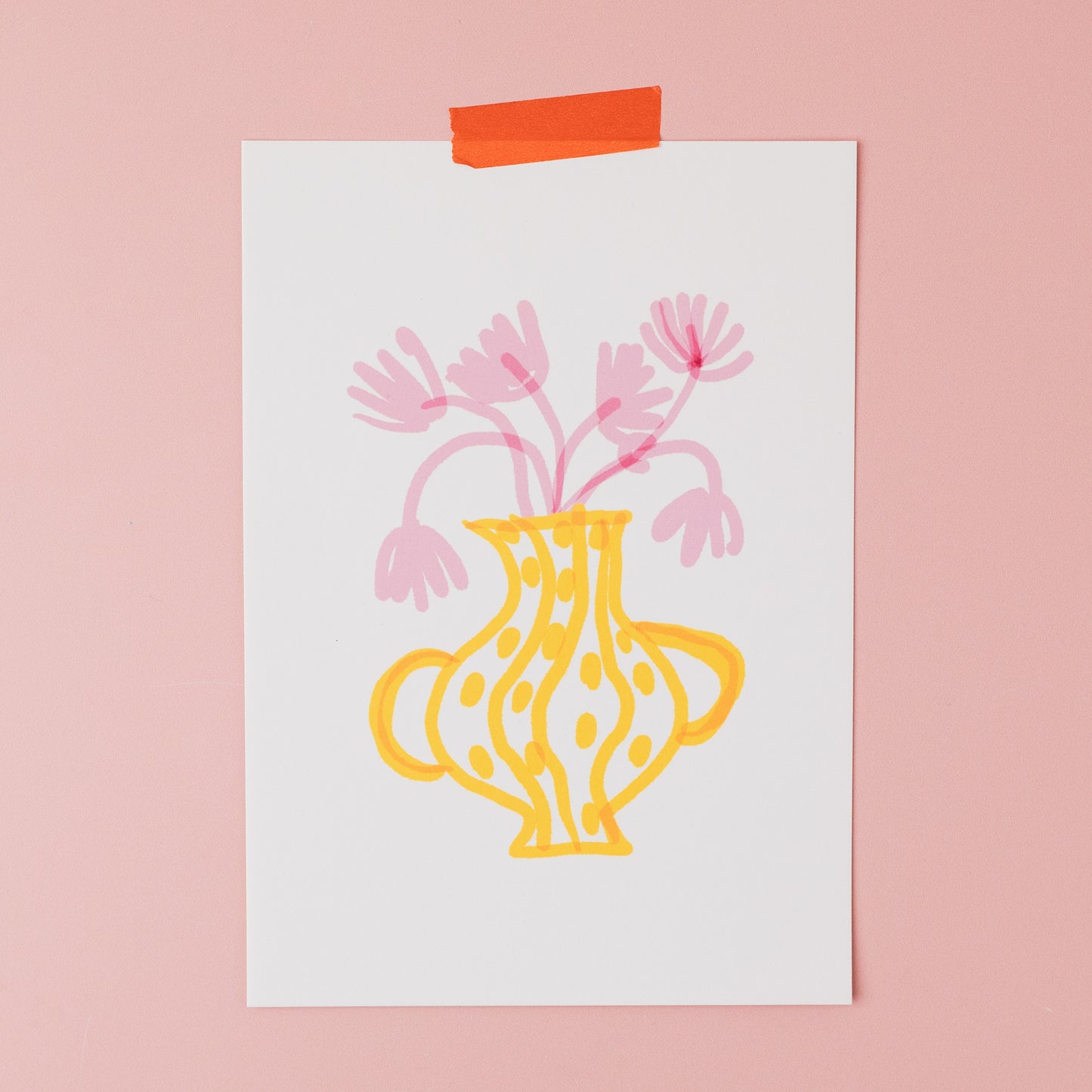 Bright yellow vase with lilac flowers print