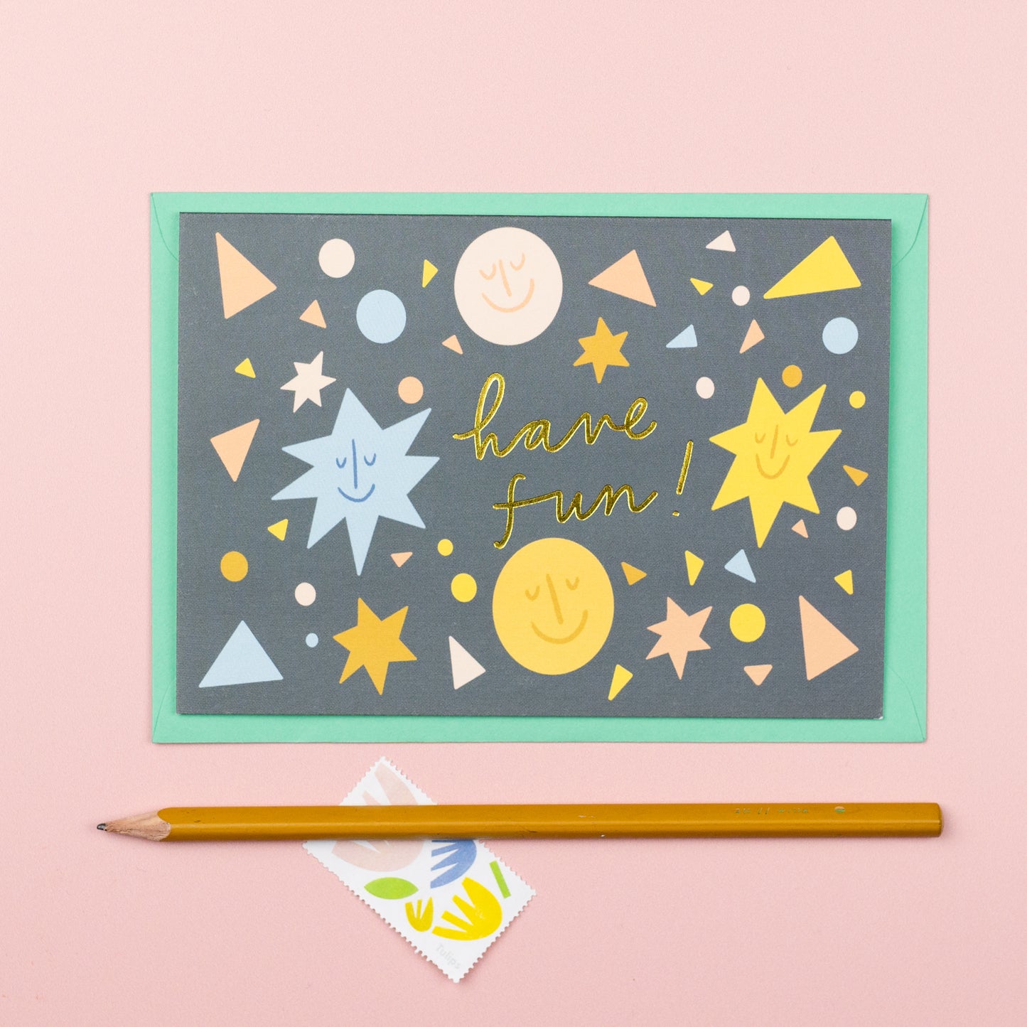 Gold foiled 'Have fun' moon and stars card