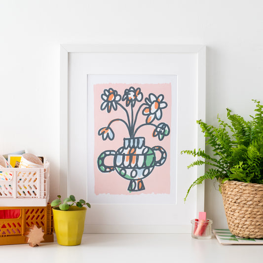 Colourful vase of flowers A4 print